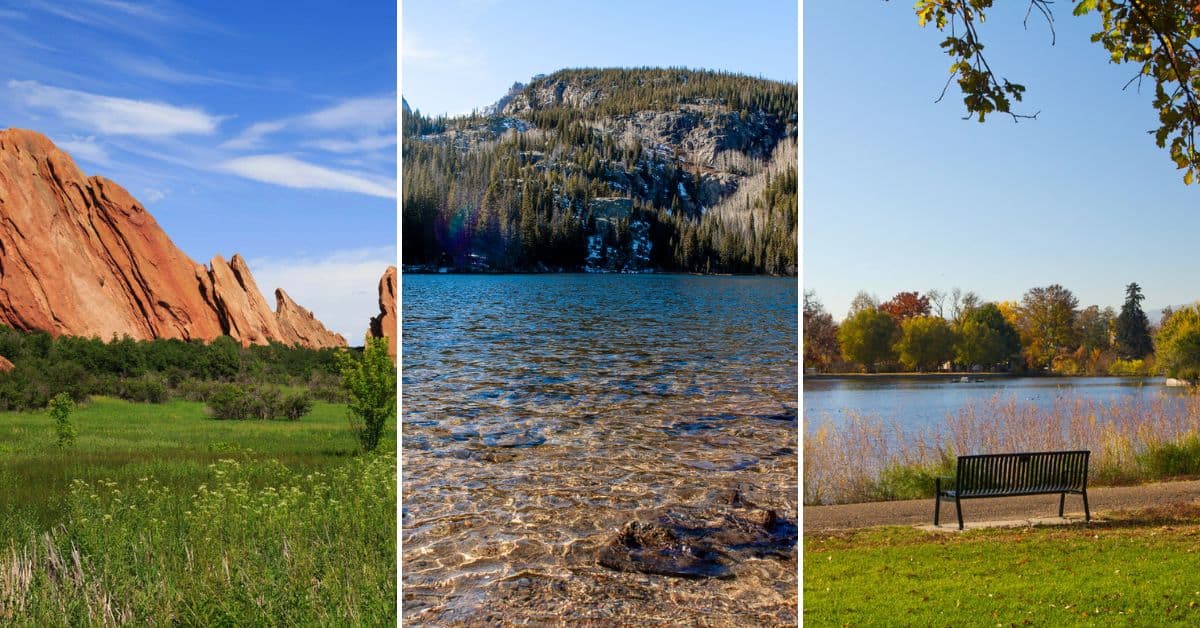 Triptych image promoting easy hikes in Denver; features the towering red rock formations at Roxborough State Park, the clear, rippling waters of Bear Lake in Rocky Mountain National Park, and a serene park bench with autumn foliage at a city park, inviting nature enthusiasts for leisurely hikes.
