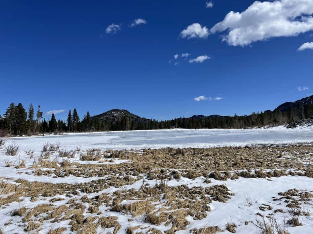 Crystal-clear blue skies with scattered clouds above a frozen Sprague Lake in Rocky Mountain National Park. The foreground shows patches of snow on dried grass, leading to the ice-covered lake, with a backdrop of pine trees and mountain peaks.