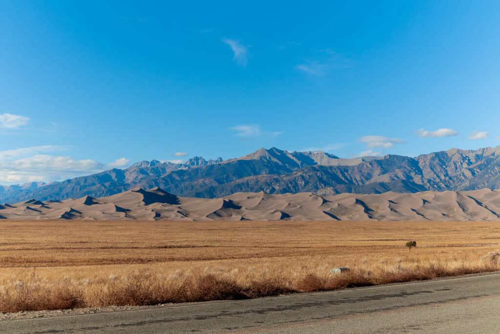 Expansive view of the sand dunes at Great Sand Dunes National Park with a backdrop of tall mountains under a clear blue sky.